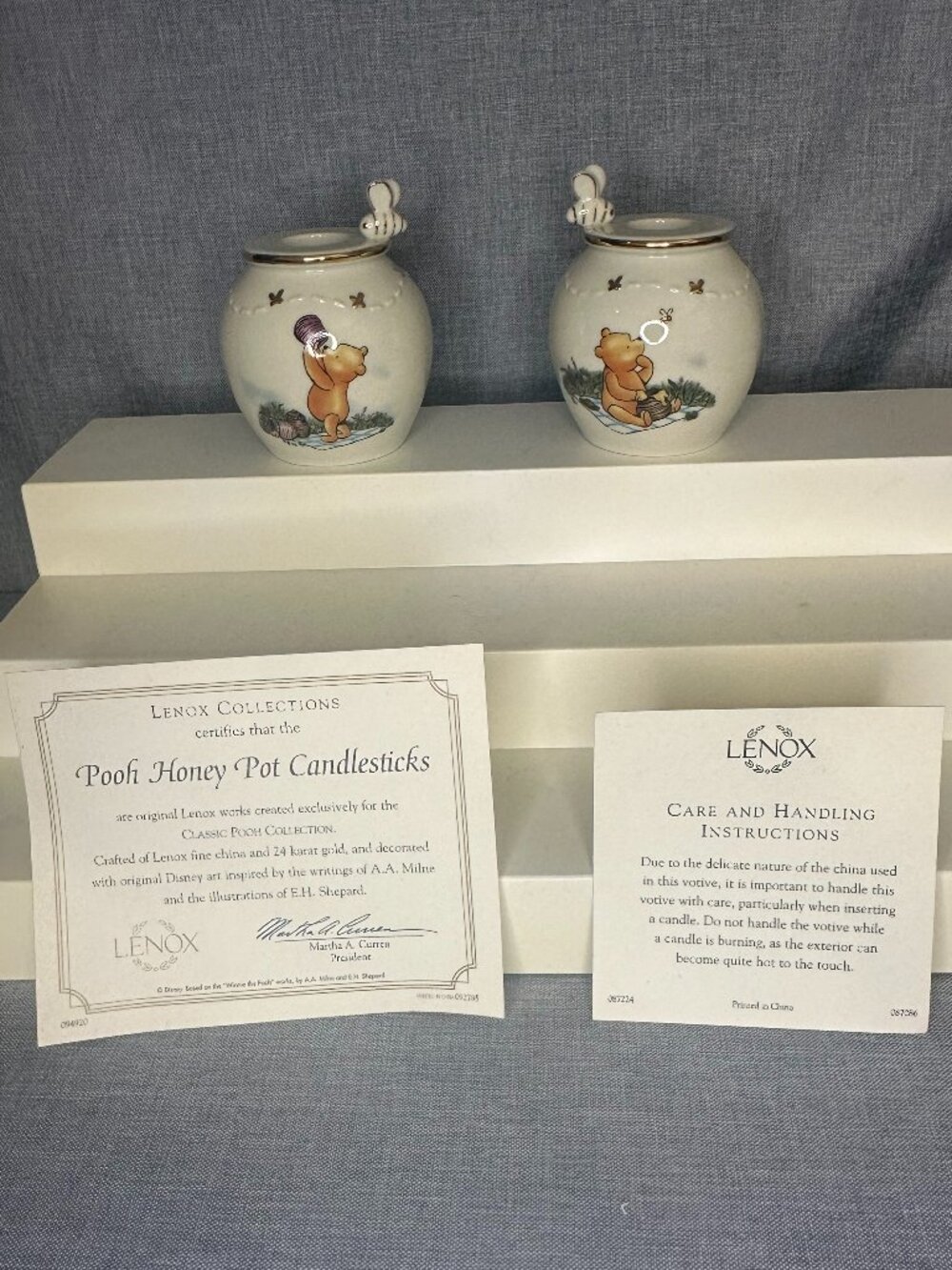 24 kt LENOX WINNIE THE POOH HONEY POT CANDLESTICKS set Disney Classic COA - Picture 1 of 16